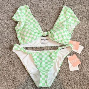 Dippin' Daisy's Green and White Checkerboard Tie-Front Crop Top